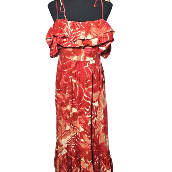 Zara Red Marble Maxi Dress Off Shoulder Tiered Ruffles Lightweight‎ Size M - Picture 3 of 7